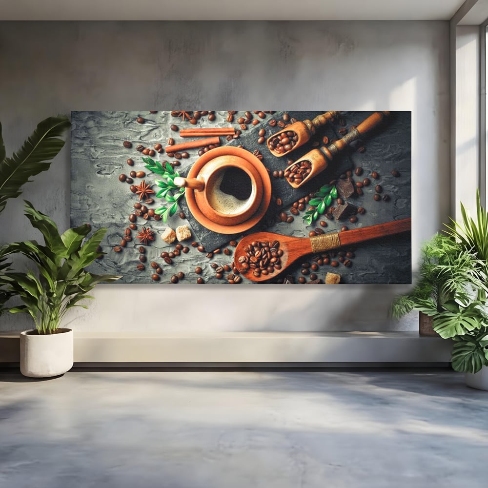 Tablou canvas cu ceasca de cafea si boabe, fara rama, pe sasiu de lemn
